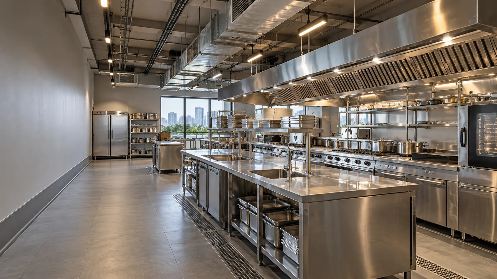 Commercial kitchen fit-out with stainless steel worktops, exhaust hoods and floor drains in a Mumbai commercial kitchen
