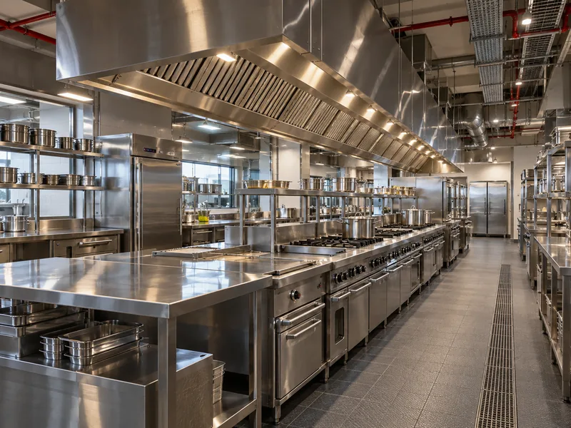 Commercial kitchen cooking line with stainless steel counters, exhaust hood and trench drain