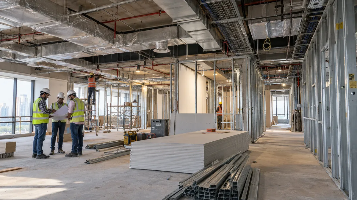 Site team in hard hats reviewing drawings on an office floor under fit-out, with exposed ducting, cable trays, metal stud partitions and stacked gypsum boards