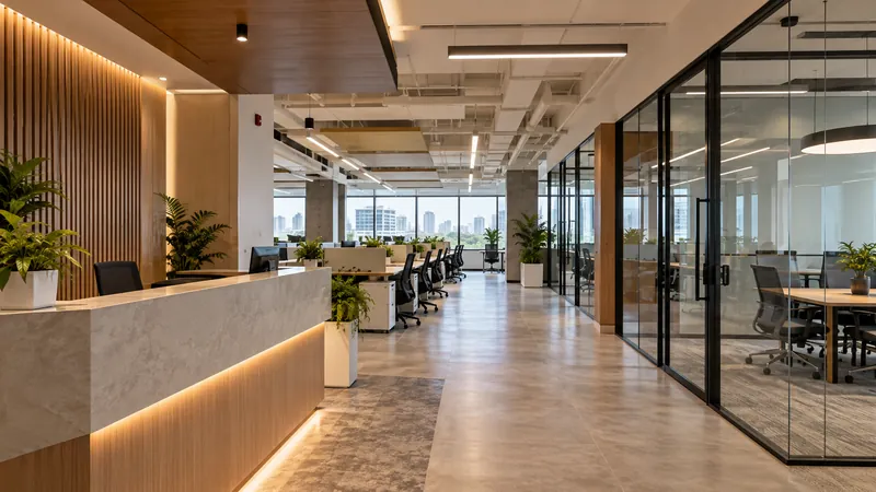 Completed open-plan office with a stone-topped reception desk, timber slatted wall, workstations and glass-walled meeting rooms
