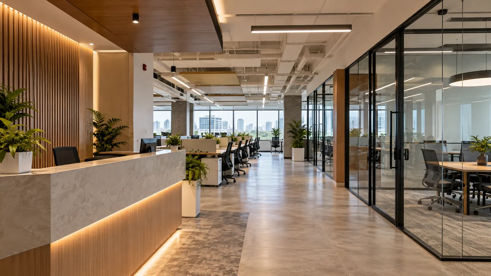 Completed open-plan office with a stone-topped reception desk, timber slatted wall, workstations and glass-walled meeting rooms