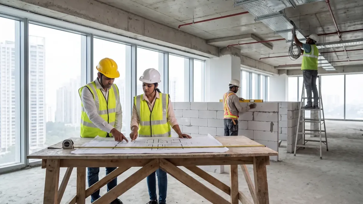 Site team in hard hats and high-visibility vests reviewing drawings on a trestle table on an office floor under construction