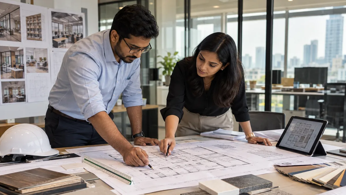 Two designers marking up an office floor plan on a table covered with stone, laminate and fabric samples, a hard hat and a tablet