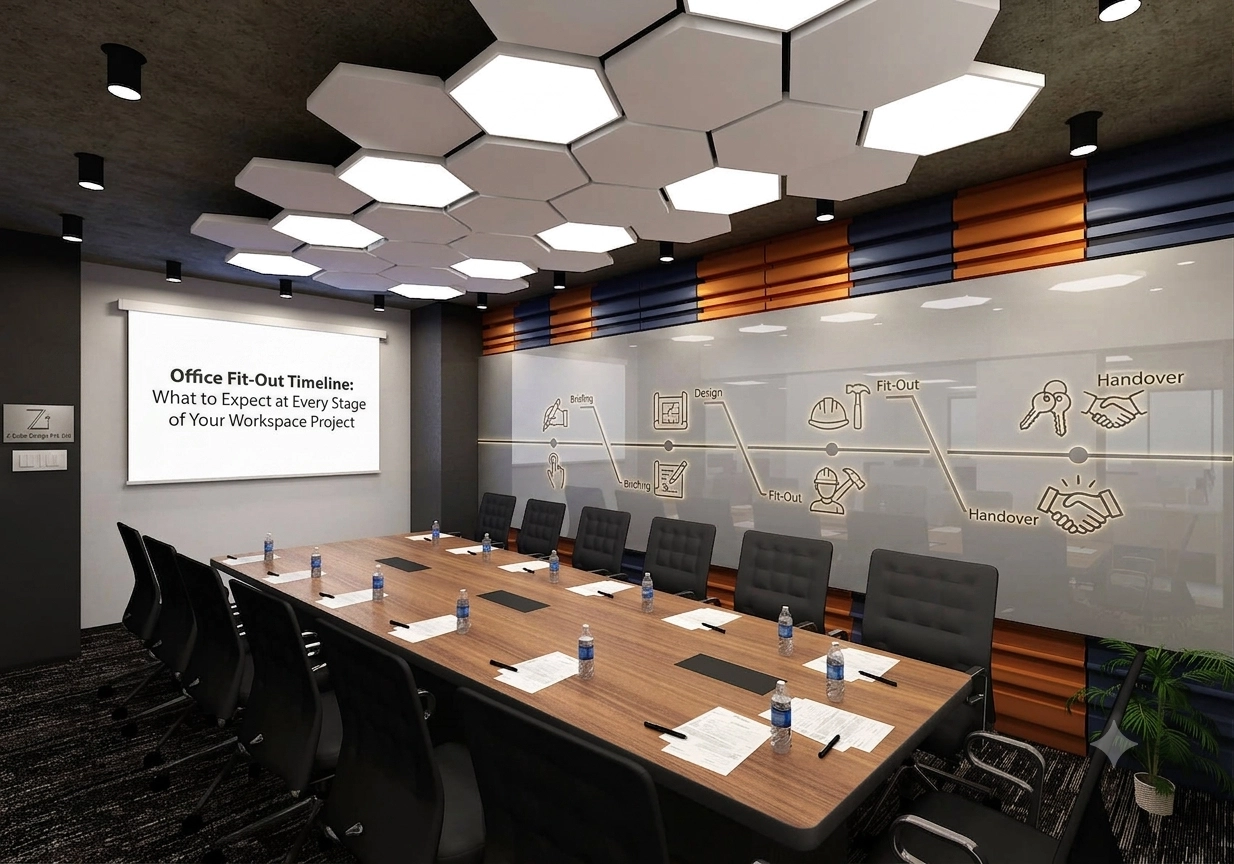 Office fit-out timeline infographic showing design, execution, and handover stages