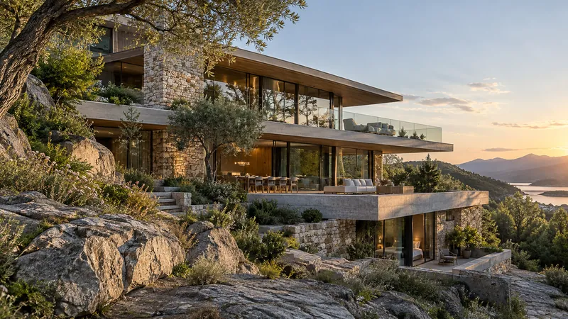 Hillside house with stone walls and concrete terraces cantilevered over a rocky slope, overlooking a lake at sunset