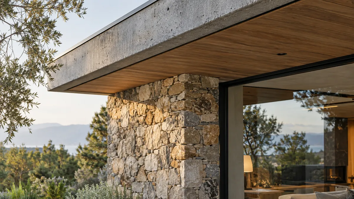 Close-up of a board-marked concrete roof slab with a timber soffit resting on a dry-stone wall beside a glazed living room