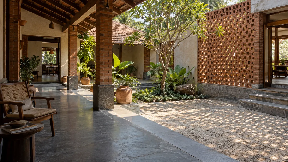 Shaded verandah with exposed brick columns and a clay-tile roof beside a planted courtyard, where a perforated brick jaali wall casts dappled light