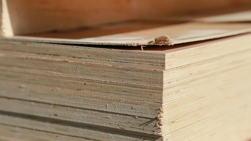 Stack of plywood sheets with the layered veneers visible along the board edges