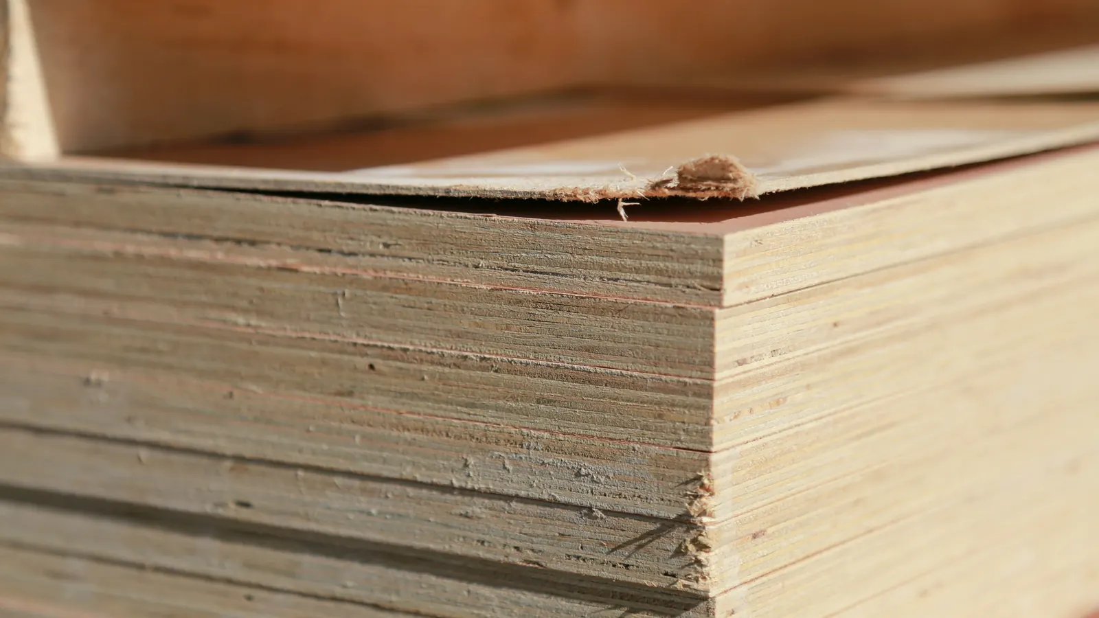 Stack of plywood sheets with the layered veneers visible along the board edges