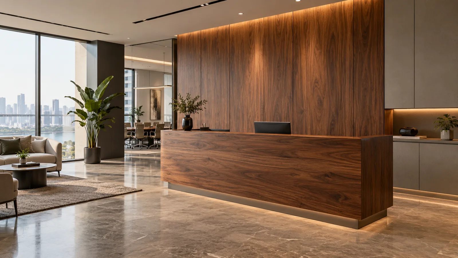 Corporate office reception with natural wood veneer wall panelling and a veneer reception desk in a commercial interior fit-out