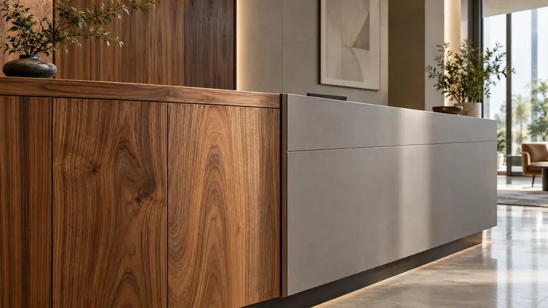 Close-up comparison of natural wood veneer panelling and a grey laminate counter finish in a commercial interior