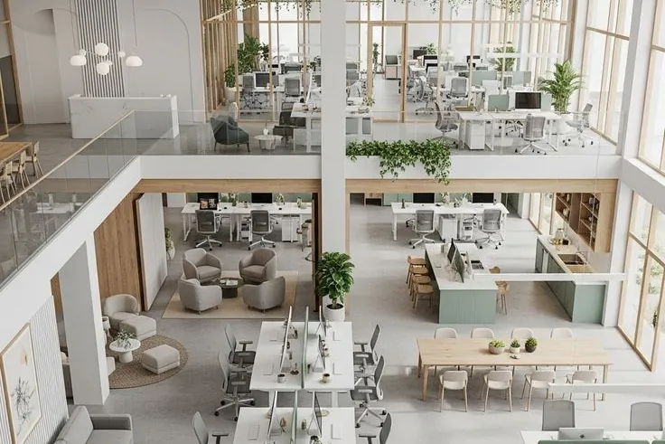 Illustrative render of a two-level open-plan office with a mezzanine, workstations and lounge seating