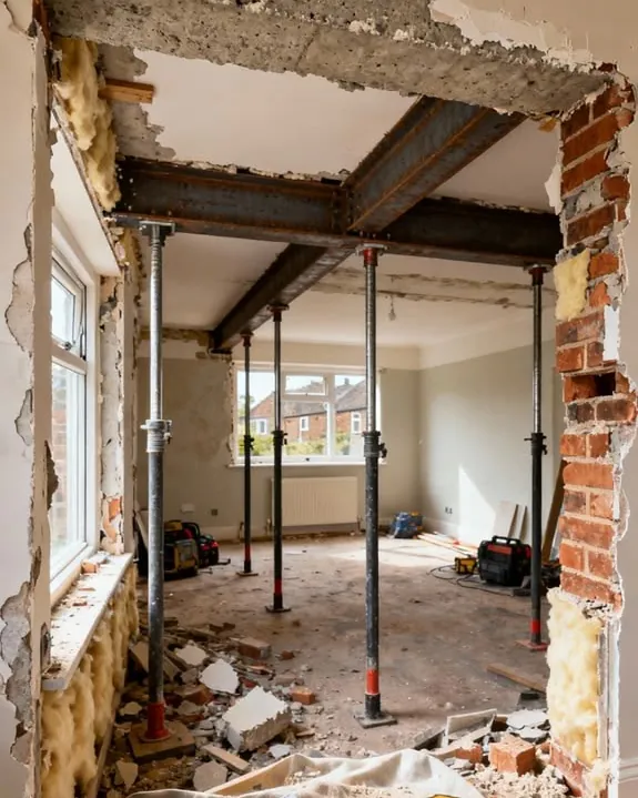 Load-bearing wall opening held up by steel beams and temporary props during a home renovation