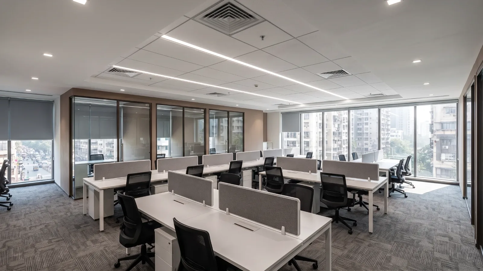 Corporate office interior fit-out with workstations and false ceiling, Mumbai