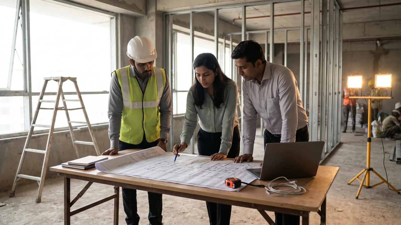 Office fit-out contractor Mumbai reviewing site plan with client