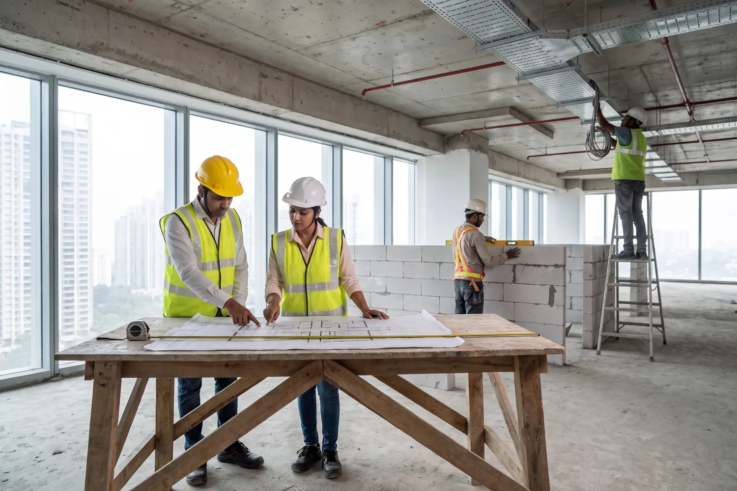 Civil and interior team coordinating drawings on a Mumbai site