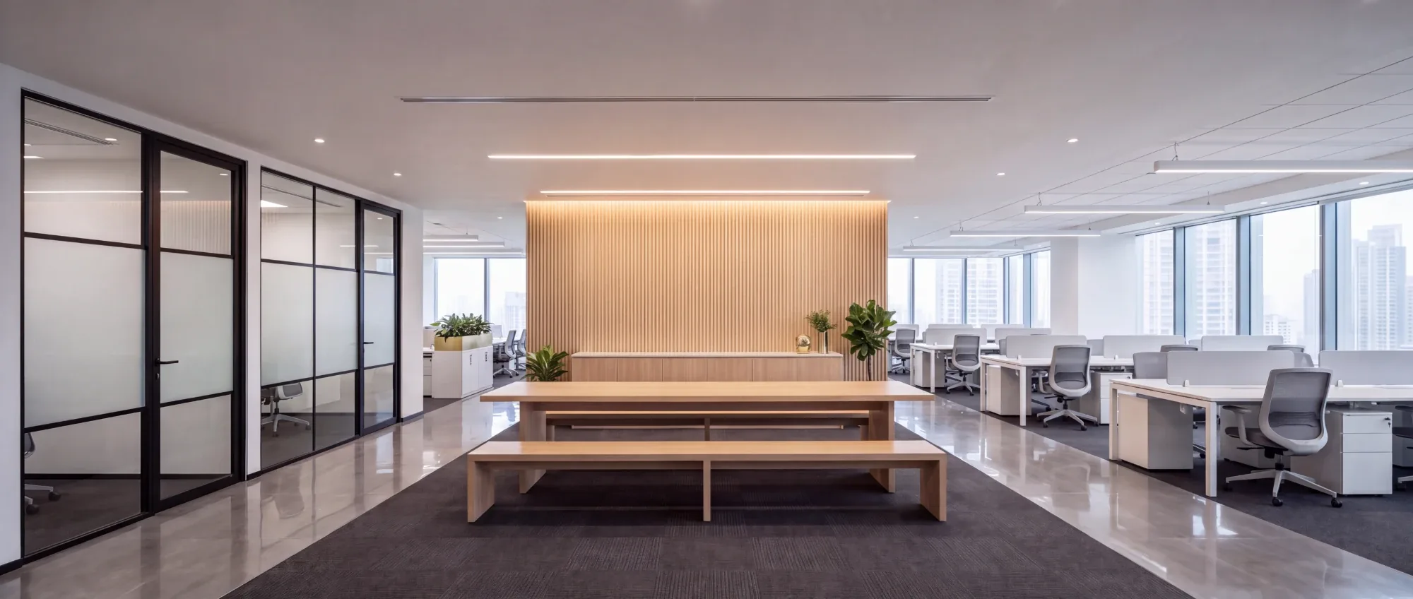 Completed turnkey commercial interior fit-out in Mumbai with glass meeting rooms, an oak feature wall and open workstations