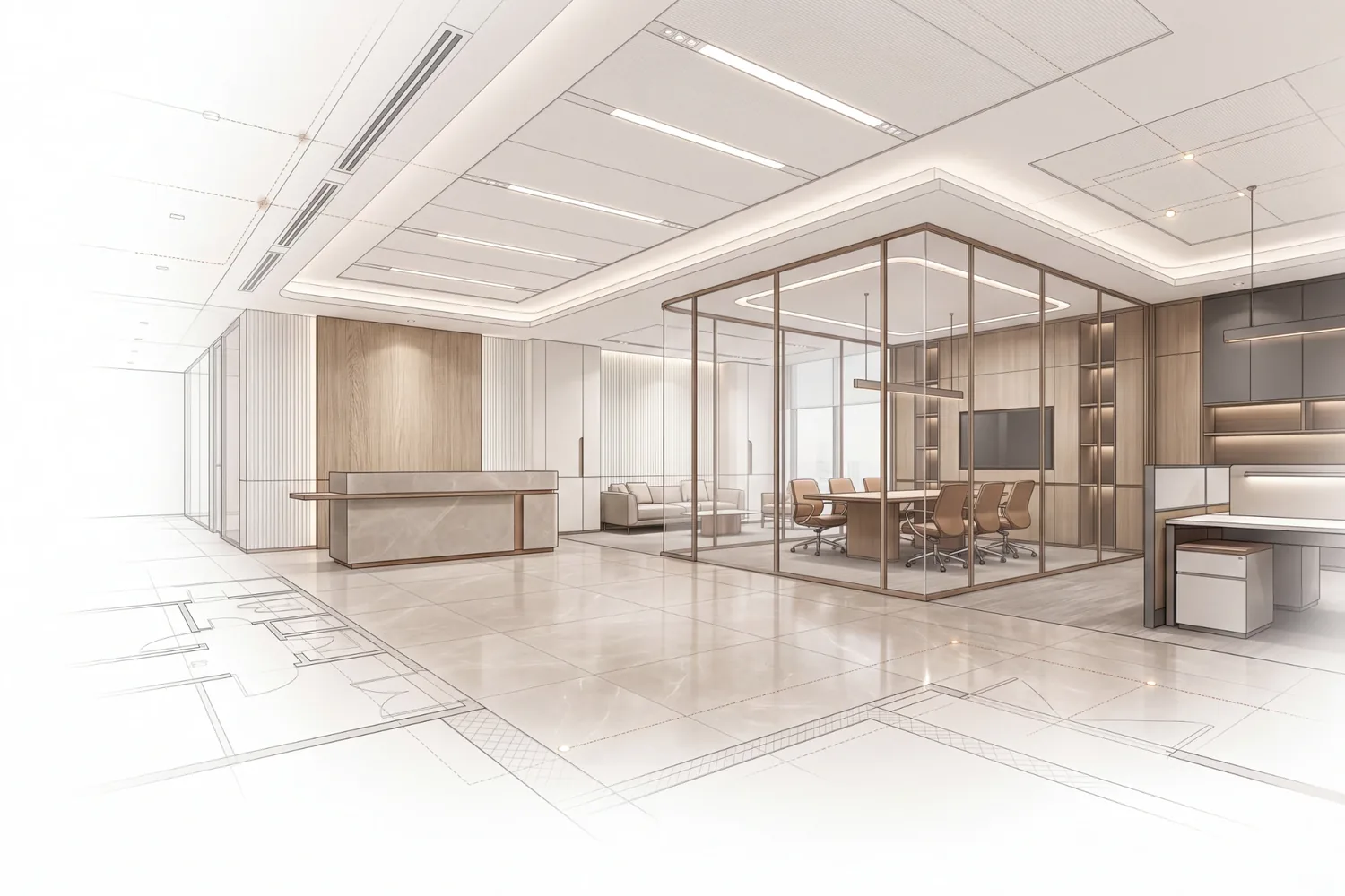 Turnkey office interior in Mumbai illustrated from floor-plan drawing to finished reception, meeting room and workstations