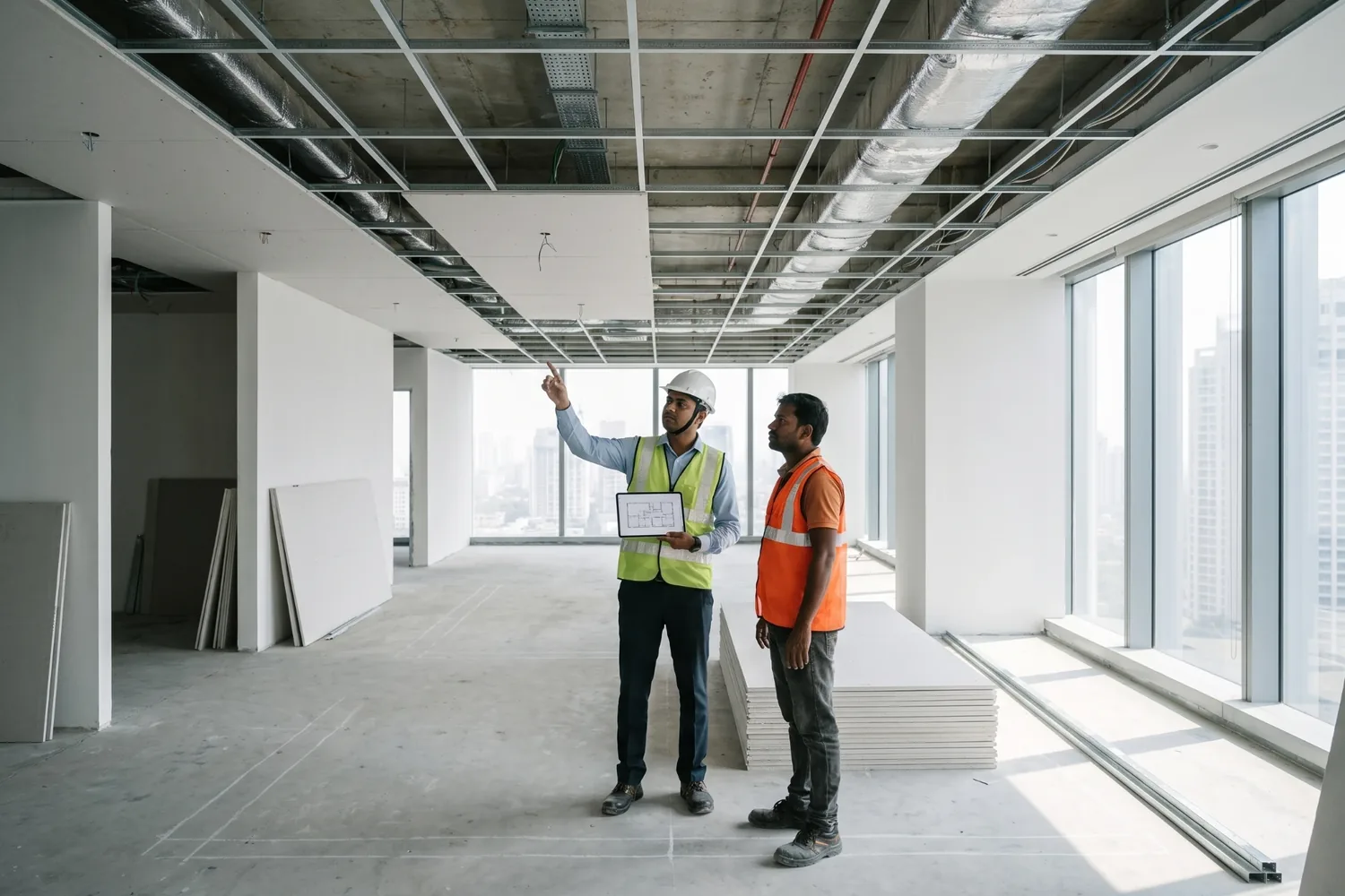 Turnkey interior contractor in Mumbai supervising office fit-out site with the site foreman